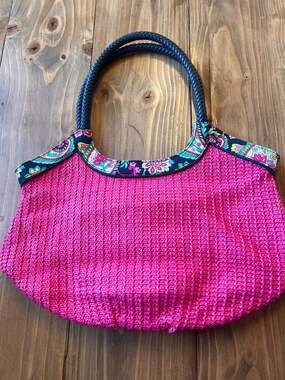 Vera Bradley Petal Paisley Straw Bucket Tote Beach Bag with Braided Handles Spri